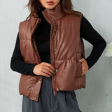 Sleeveless Puffy Pu Leather Vest Women's Jackets