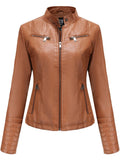 Women's faux leather jackets with solid zipper,