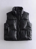 Sleeveless Puffy Pu Leather Vest Women's Jackets