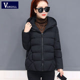Vangull Fashion Black Short Parkas Coat Women Long Sleeve Hooded Coat Female Winter Zipper Warm Thick Loose Solid Ladies Outwear