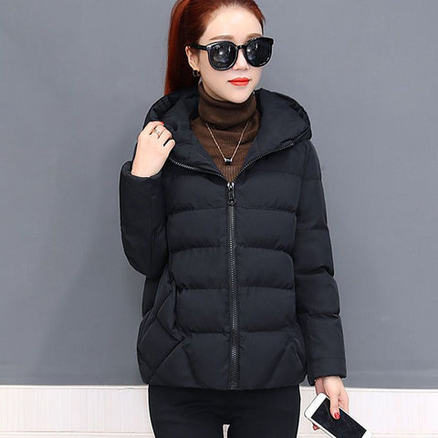 Vangull Fashion Black Short Parkas Coat Women Long Sleeve Hooded Coat Female Winter Zipper Warm Thick Loose Solid Ladies Outwear